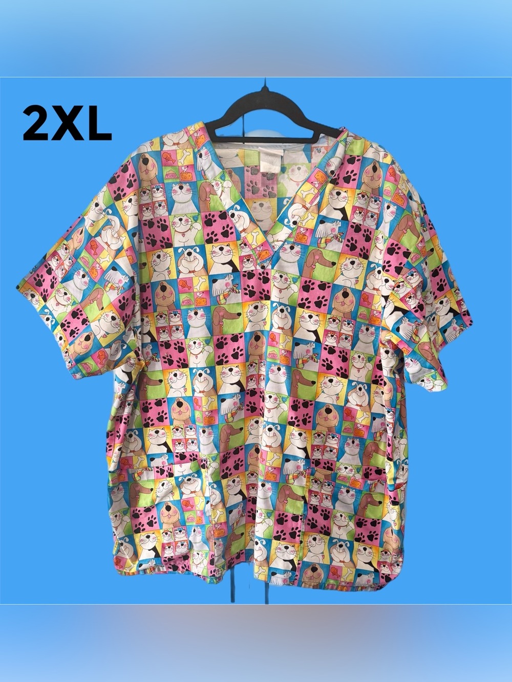 Peaches Uniforms Multicolor Cartoon Cat & Paw Print Scrub Top